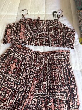 Boho Printed Wide Leg Pants and Bando top in Black and Dusty Rose